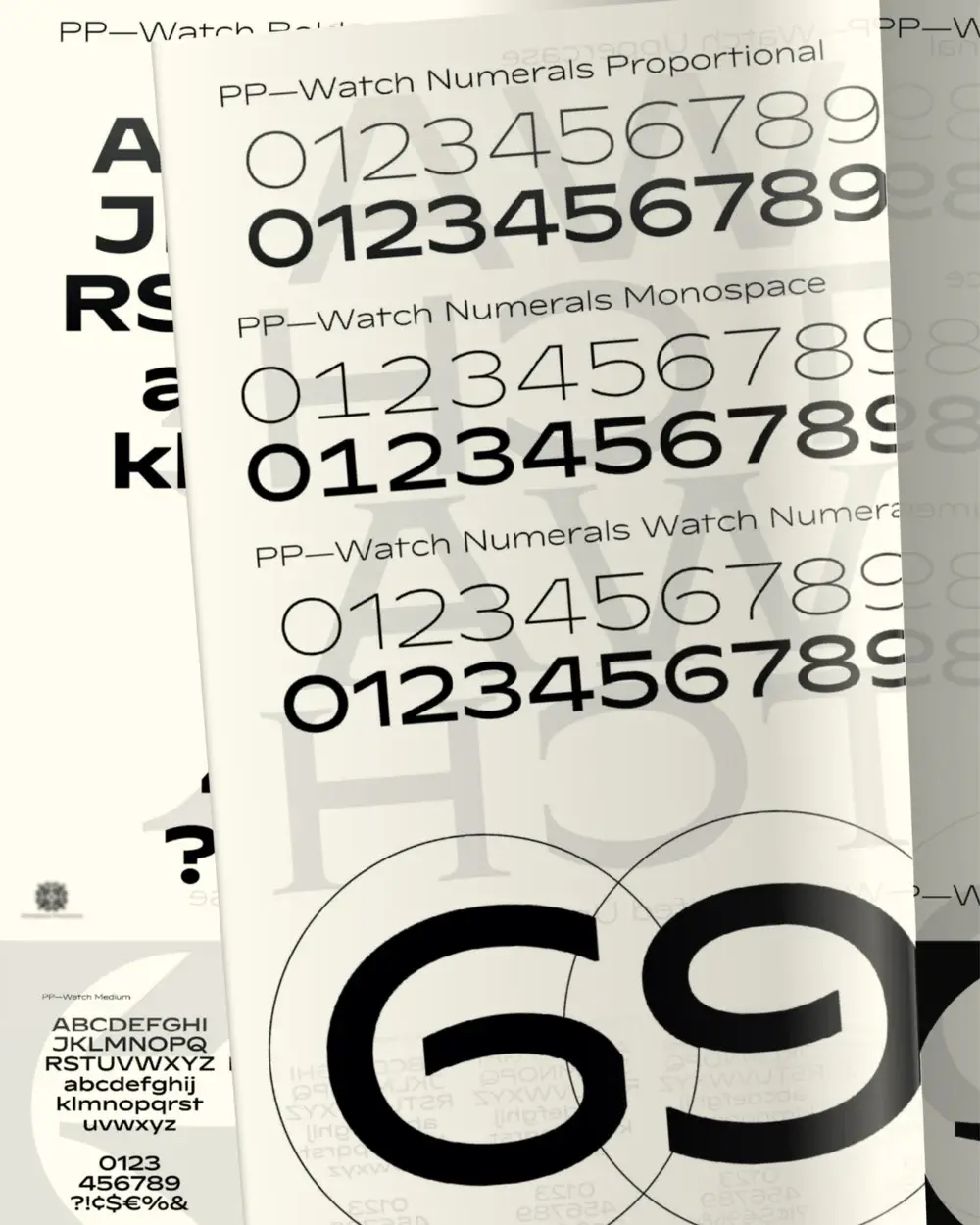 一张展示 PP-Watch 字体不同字重和样式的图片。图片中还包含数字 69 的大号黑色圆形轮廓。